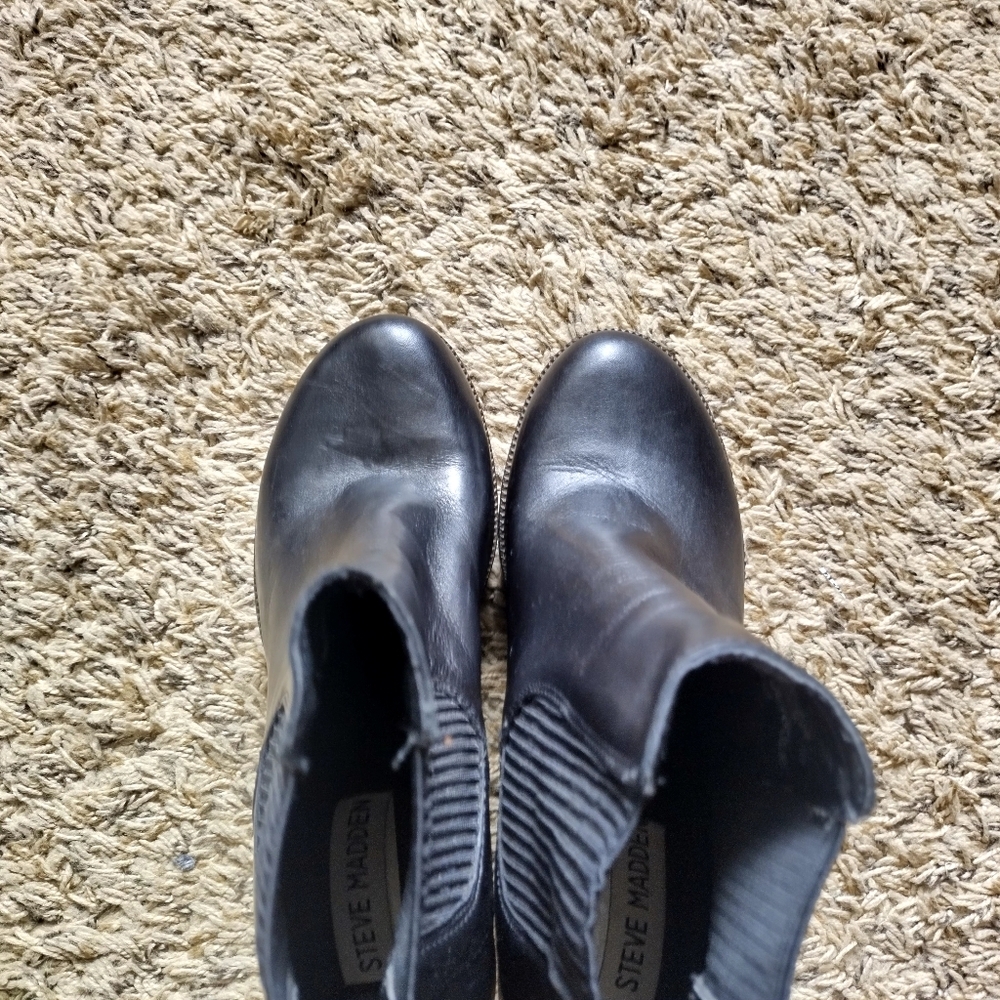 Steve Madden Black Leather Platform Ankle Boots with Brown Wood-Look Heel - Picture 5 of 9